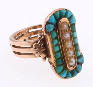 14k Rose Gold Vintage Turquoise & Pearl Ring 5.0g