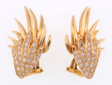 14k Gold 1.0 ct Diamond Flame Design Omega Back Earrings 13.2g