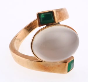 14k Gold Antonio Pineda Cabochon Natural Moonstone & Natural Emerald Ring 8.8g