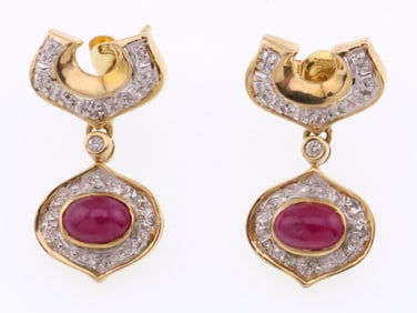 14k Gold Cabochon Natural Ruby & Diamond Post Earrings 4.5g