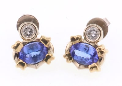 14k Gold Natural Tanzanite & 0.40 ct Diamond Post Earrings 5.6g