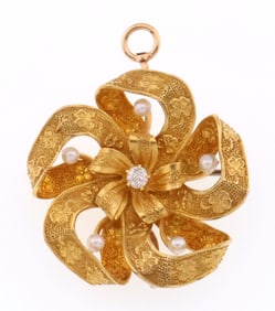 14k Gold Vintage Diamond & Pearl Pin/Pendant 6.9g