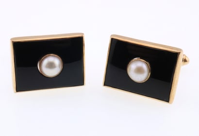 14k Gold Black Onyx & Pearl Cufflinks 12.9g