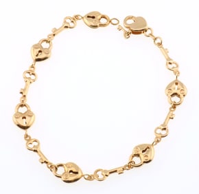14k Gold Heart Lock & Key Link Bracelet 4.8g