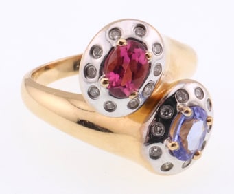 14k Gold Tanzanite, Amethyst, & Diamond Ring 9.1g