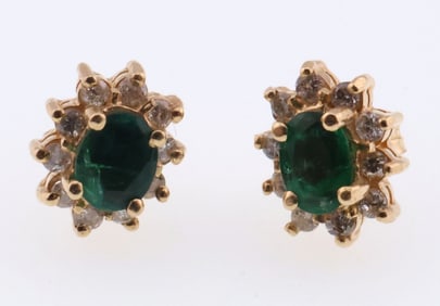 14k Gold Natural Emerald & Diamond Post Earrings 2.2g