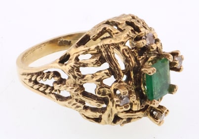 14k Gold Natural Emerald & Diamond Abstract Ring 7.1g