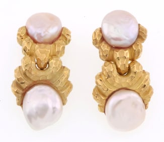 18k Gold Pearl Hinged Drop/Dangle Omega Clip Earrings 24.9g
