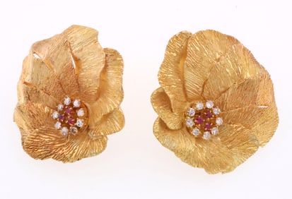 18k Gold 0.35 ct Diamond & Lab Ruby Flower Design Omega Style Earrings 23.6g