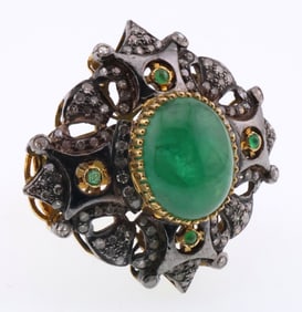 18k Gold & Silver Cabochon Natural Emerald & Diamond Ring 11.7g. Total Weight