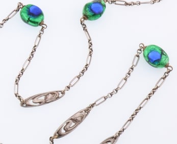 Long Guard Silver Chain with Art Nouveau Women Links & Murano Glass Beads 1.8 ozt