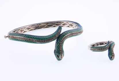 Sterling Silver Alwand Vahan Enameled Snake Bracelet & Ring 1.3 ozt