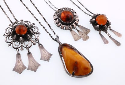 Sterling Silver Grouping of Amber Necklaces/Pins/Pendants 2.4 ozt