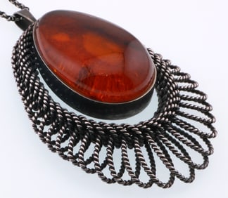 Sterling Silver Large Amber Pendant with Chain L S Designer Signed) 1.6 ozt