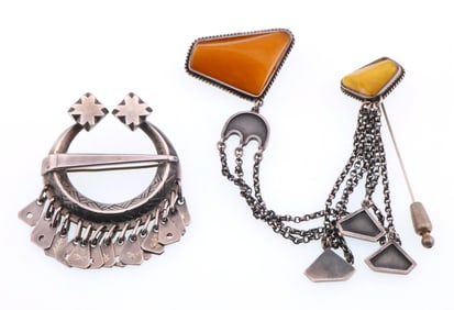 Sterling Silver Pins (1) With Amber Both (L S Designer Signed) 1.6 ozt