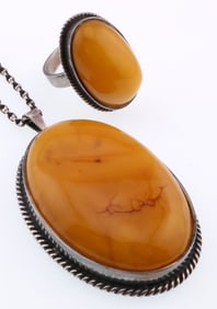 Sterling Silver Amber Necklace & Ring (L S Designer Signed) 1.2 ozt