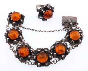 Sterling Silver Ornate Amber Link Bracelet & Ring Set (L S Designer Signed) 2.7 ozt