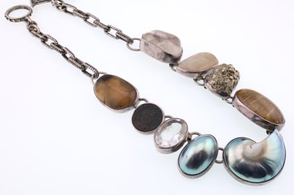 Sterling Silver Rebecca Collins Gemstone, Shell, Pearl & Coin Necklace 4.1 ozt