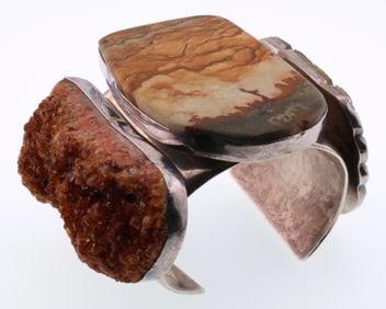 Sterling Silver Rebecca Collins 2.75" Large Stone Cuff Bracelet 7.0 ozt