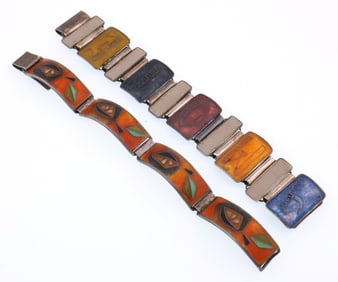 German Matte Enamel; Two Silver Modernist Link Necklaces