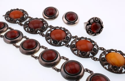 Niels Erik From; Sterling Silver and Amber Modernist Jewelry Group