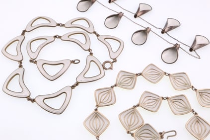 Scandinavian; Three Modernist Sterling Silver White Enamel Necklaces