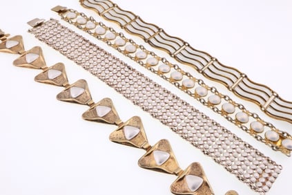 Scandinavian; Four Modernist Sterling Silver White Enamel Bracelets