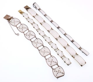 Scandinavian; Four Modernist Sterling Silver White Enamel Bracelets