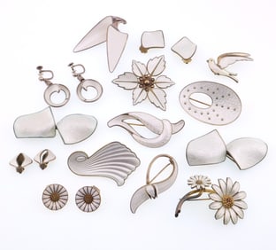 Scandinavian; Modernist Sterling White Enamel Brooches and Earrings