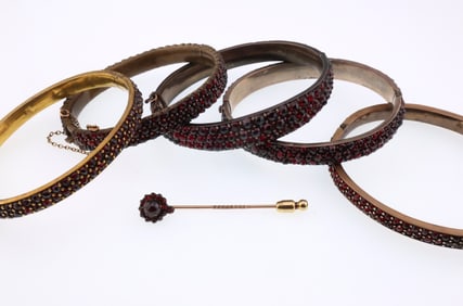 Bohemian; Group of Gilt Metal and Garnet Jewelry