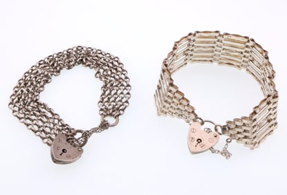 Victorian; Two English Sterling Silver Heart Padlock Bracelets