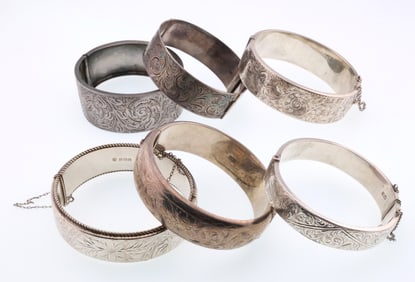 English Victorian ; Six Sterling Silver Engraved Cuff Bracelets