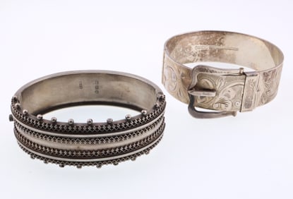 English Victorian ; Sterling Silver Cannetille and Buckle Bracelets