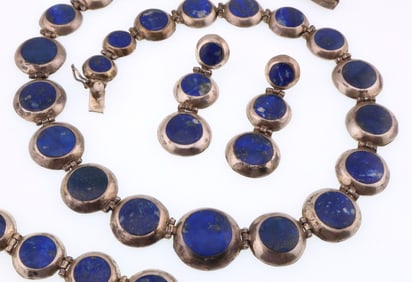 Mexico; .950 Sterling Silver and Lapis Modernist Jewelry Suite
