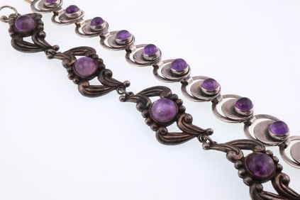 Mexico; Two Sterling Silver and Amethyst Modernist Bracelets