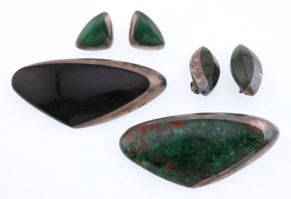 Enrique Ledesma; Modernist Sterling Silver Gemstone Brooches, Earrings