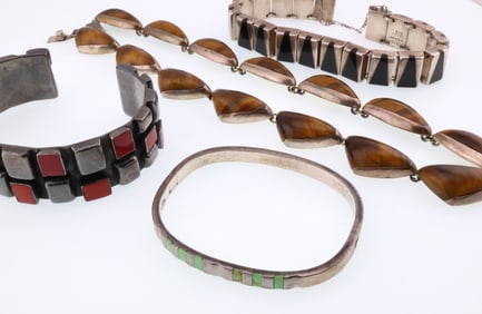 Various Makers; Mexican Sterling Silver Gemstone Modernist Jewelry Group