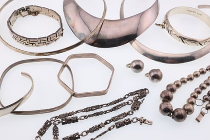 Various Makers; Large Group of Mexican Modernist Sterling Silver Jewelry