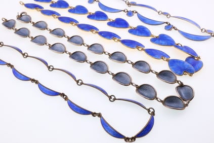 Scandinavian; Four Modernist Sterling Silver Blue Enamel Necklaces