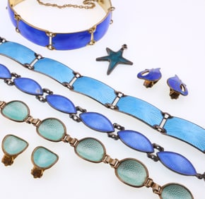 Scandinavian; Modernist Sterling Silver Blue Enamel Jewelry Group