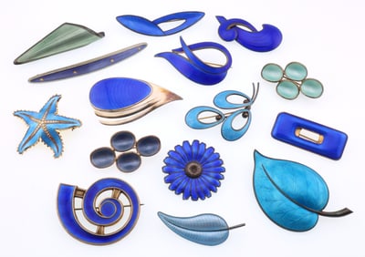 Scandinavian; Fifteen Modernist Sterling Silver Blue Enamel Brooches