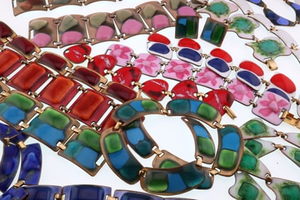 Key Denning; Large Group of Modernist Glass Fused Enamel Jewelry
