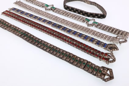 Art Deco Style; Six Sterling Silver Rhinestone Line Bracelets