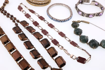 Art Deco Style; Silver and Base Metal Jewelry Grouping