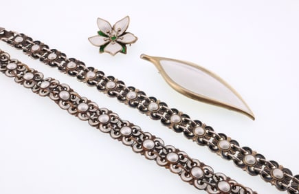 David Andersen; Modernist Sterling Silver White Enamel Jewelry Group