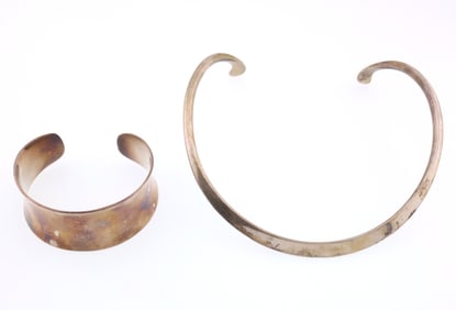 Age Fausing, Denmark; Modernist Sterling Silver Cuff Bracelet and Collar