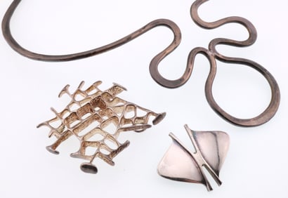 Various Makers, Norway; Modernist Sterling Silver Brooches and Collar