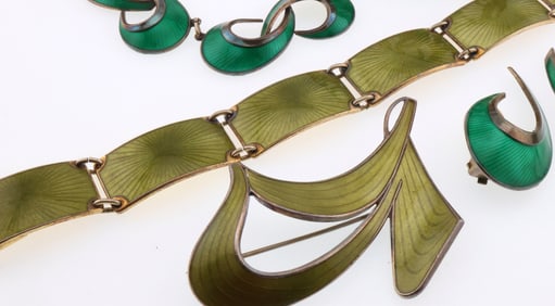 Scandinavian; Modernist Sterling Silver Green Enamel Jewelry Group