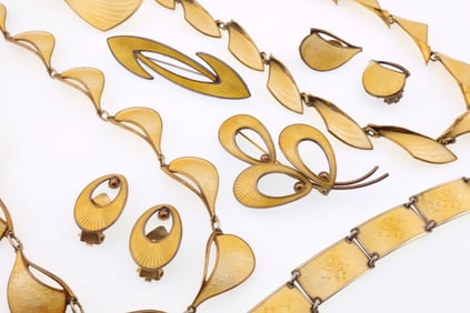 Scandinavian; Modernist Sterling Silver Yellow Enamel Jewelry Group