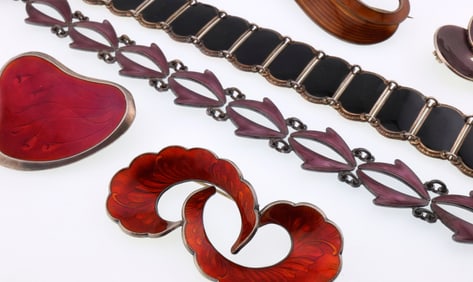 Scandinavian; Modernist Sterling Silver Enamel Jewelry Group